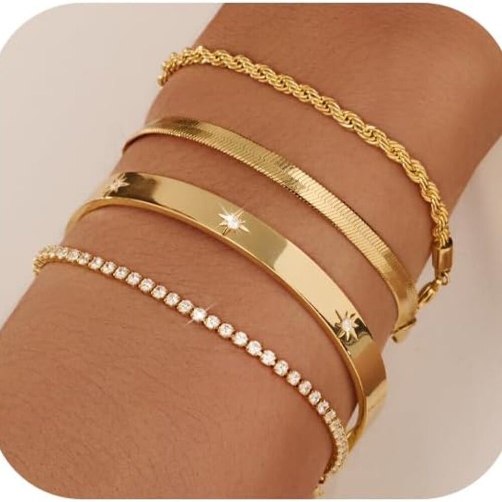 14k Gold Plated Stackable Bracelets Set - Adjusta… - image 1